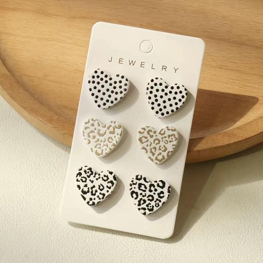 3 Pairs Heart Stud Earrings, Animal Print & Polka Dot